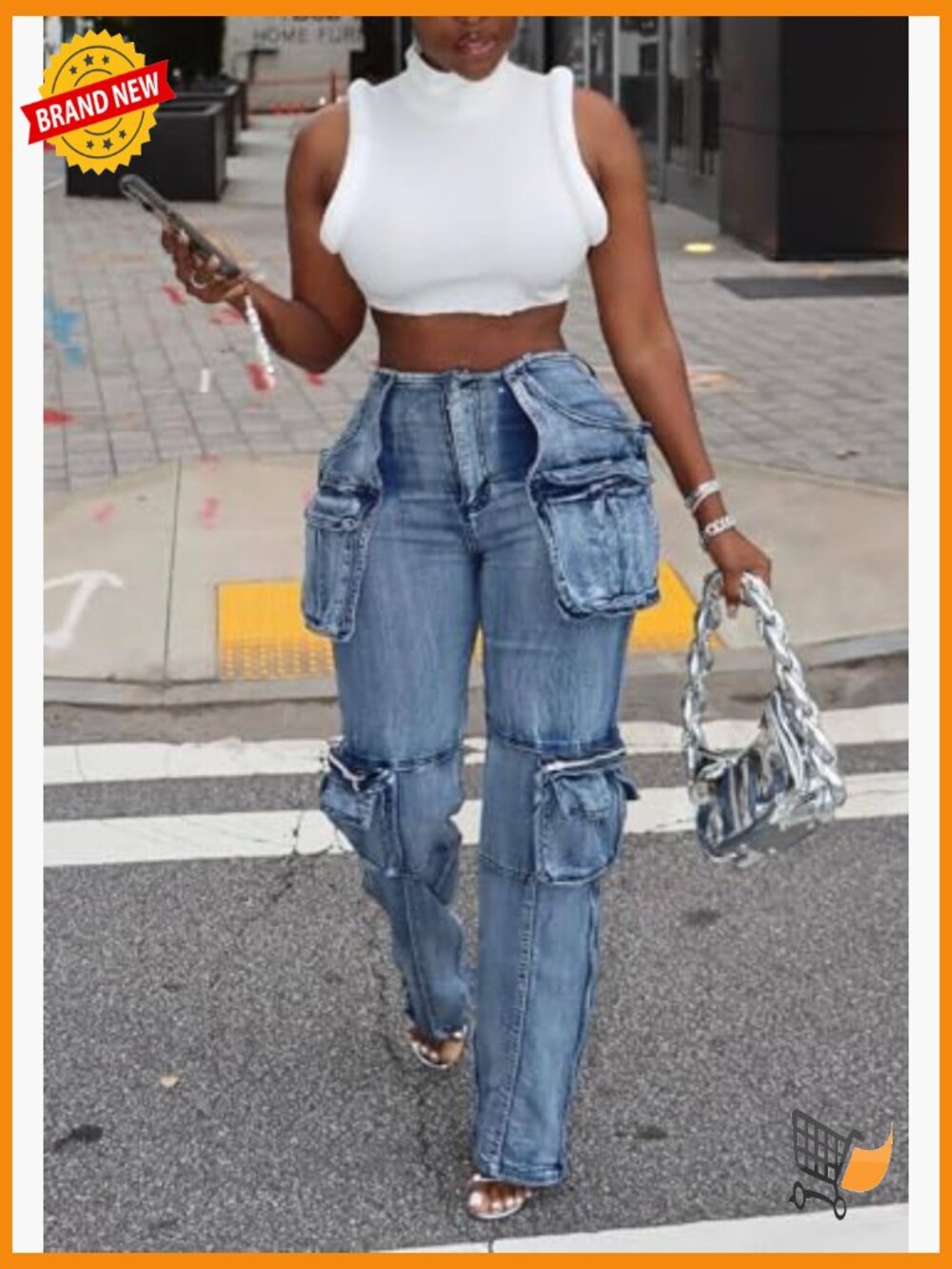 High Waist Cargo Jeans with Side Zip Slit and Multi Pockets - Picture 2 of 6